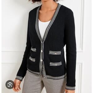Talbots Cardigan Womens MP Blue V-Neck Varsity Preppy Tennis Minimalist